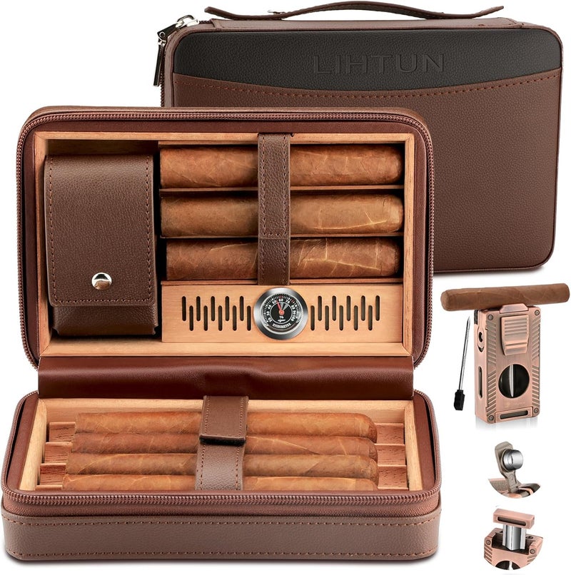 LIHTUN Cigar Humidor, Leather Cedar Wood Travel Cigar Case and Multifunctional in 1 Cigar Lighter Set Portable Travel Humidor Box Cigar Gift for Men (Brown) - Image 1